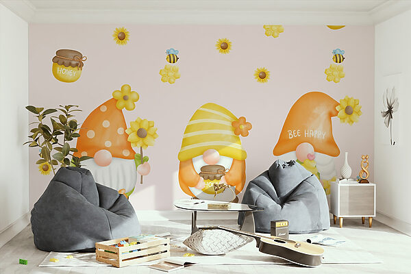 Groupe de gnomes avec des fleurs et des abeilles Groupe de gnomes avec des fleurs et des abeilles