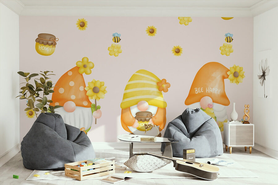 Groupe de gnomes avec des fleurs et des abeilles Groupe de gnomes avec des fleurs et des abeilles