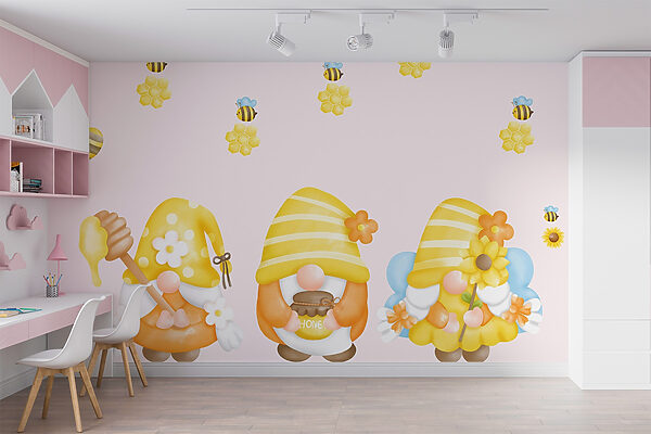 Groupe de gnomes avec des fleurs et des abeilles Groupe de gnomes avec des fleurs et des abeilles