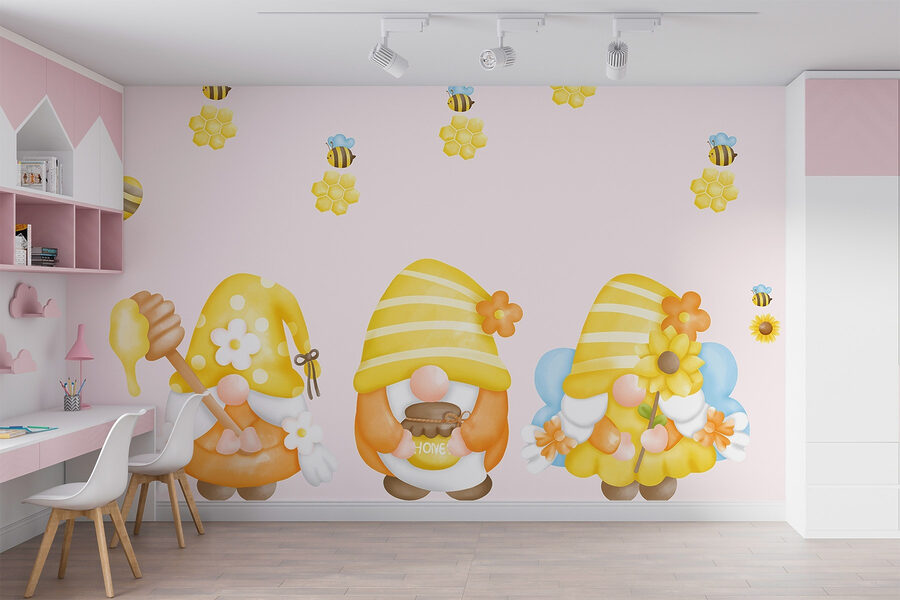 Groupe de gnomes avec des fleurs et des abeilles Groupe de gnomes avec des fleurs et des abeilles