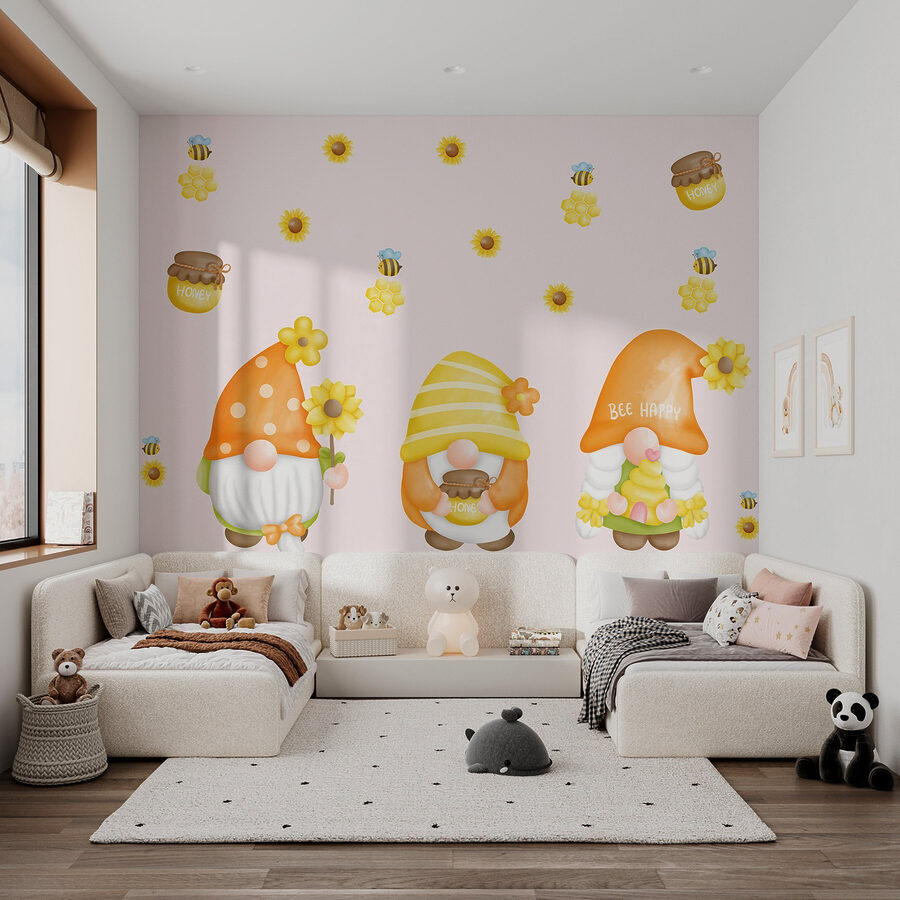 Groupe de gnomes avec des fleurs et des abeilles Groupe de gnomes avec des fleurs et des abeilles