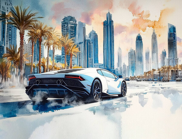 Peinture d'une voiture de sport blanche roulant sur une route avec des palmiers Peinture d'une voiture de sport blanche roulant sur une route avec des palmiers