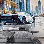 Papier peint Peinture d'une voiture de sport blanche roulant sur une route avec des palmiers