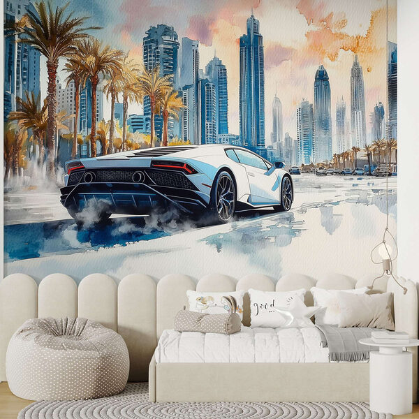 Peinture d'une voiture de sport blanche roulant sur une route avec des palmiers Peinture d'une voiture de sport blanche roulant sur une route avec des palmiers