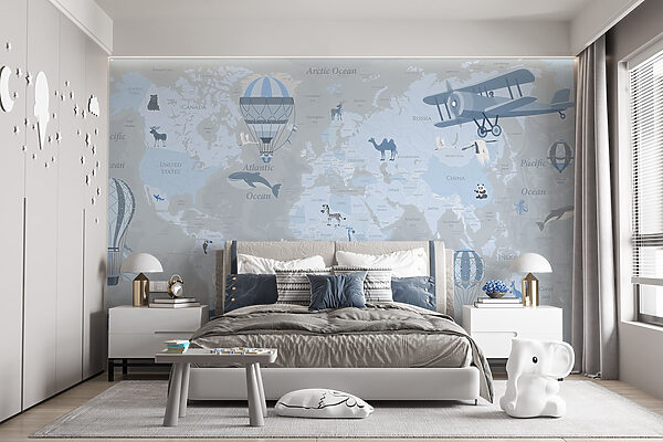 Carte du monde avec différents types d'avions et d'animaux Carte du monde avec différents types d'avions et d'animaux
