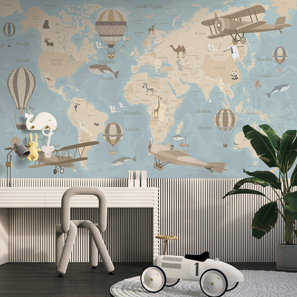 Carte du monde avec avions et montgolfières Carte du monde avec avions et montgolfières