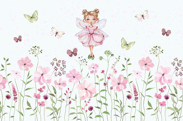 Aquarelle d'une fée en robe rose entourée de fleurs Aquarelle d'une fée en robe rose entourée de fleurs