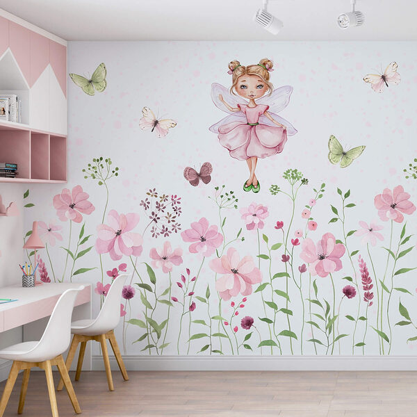 Aquarelle d'une fée en robe rose entourée de fleurs Aquarelle d'une fée en robe rose entourée de fleurs
