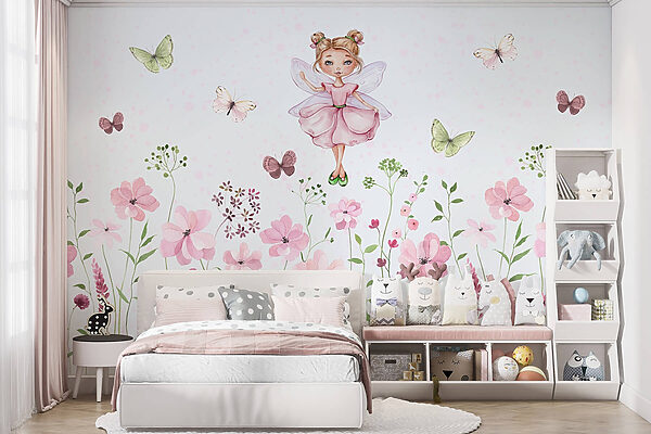 Aquarelle d'une fée en robe rose entourée de fleurs Aquarelle d'une fée en robe rose entourée de fleurs