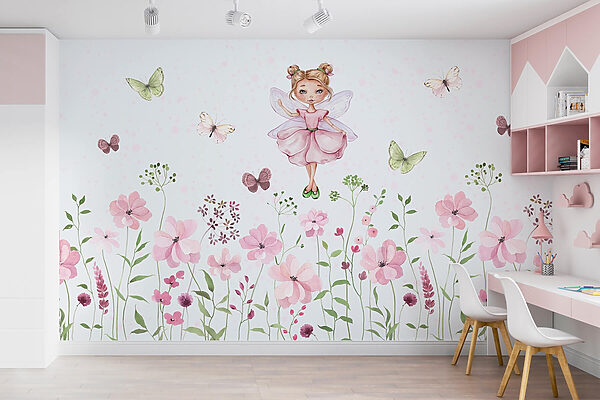 Aquarelle d'une fée en robe rose entourée de fleurs Aquarelle d'une fée en robe rose entourée de fleurs