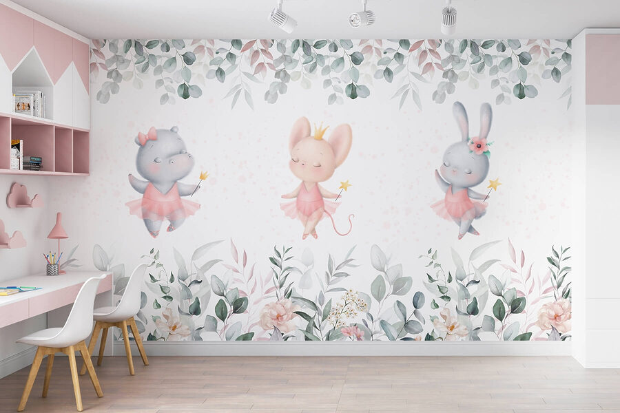 Groupe d'animaux en jupes tutu roses et fleurs Groupe d'animaux en jupes tutu roses et fleurs