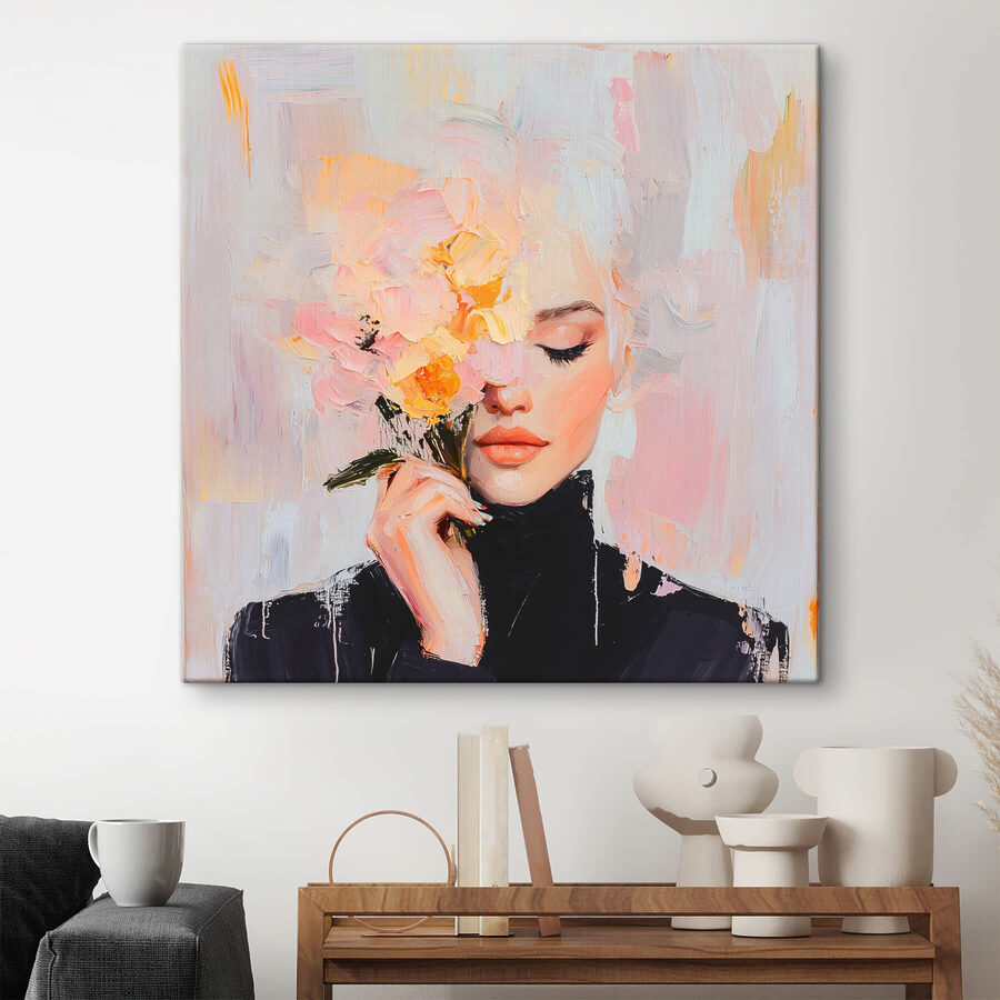 Peinture d'une femme tenant des fleurs