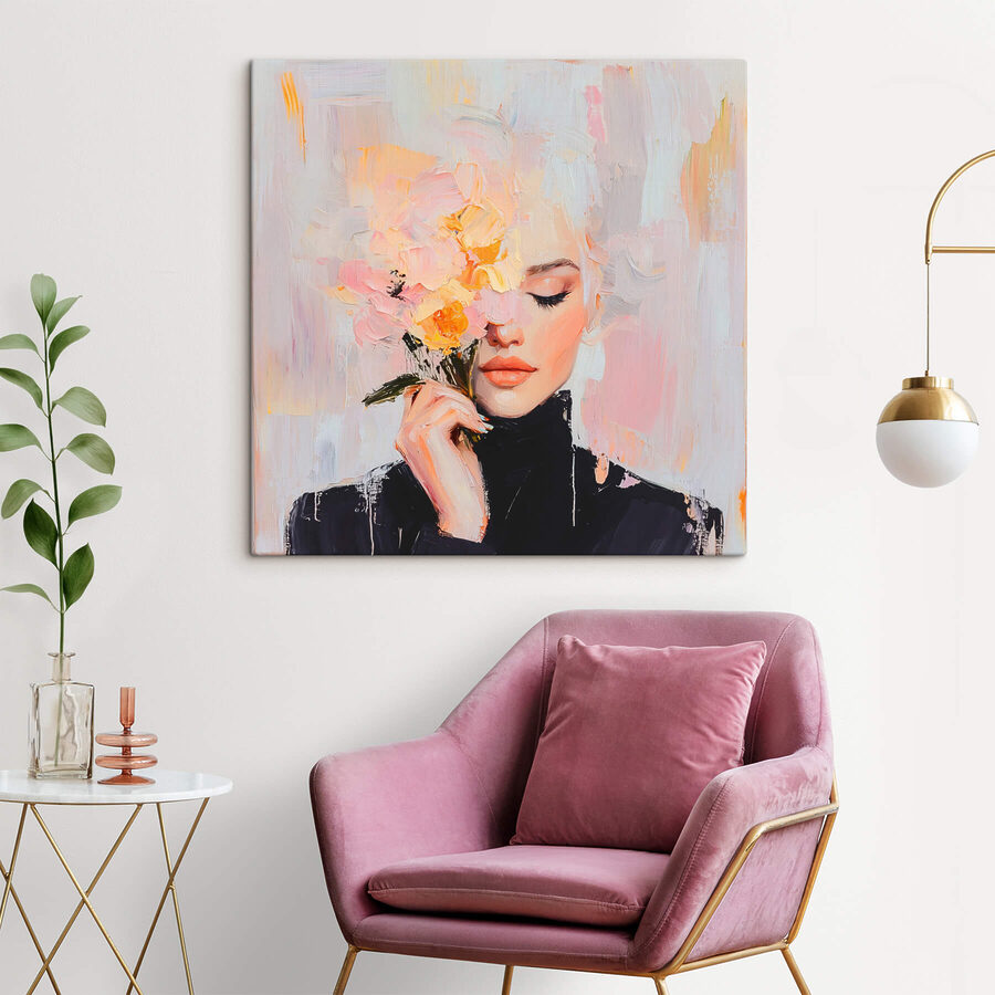 Peinture d'une femme tenant des fleurs