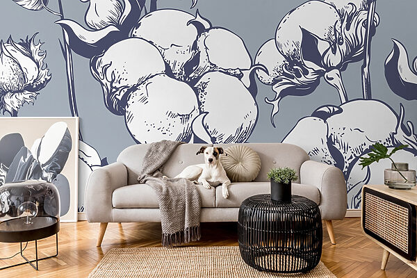Fleurs de coton délicates sur fond bleu w02097pig19mr 600x400 - Fleurs de coton délicates sur fond bleu