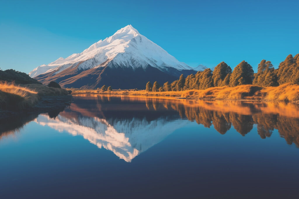 Montagne avec des arbres et une étendue d'eau Montagne avec des arbres et une étendue d'eau