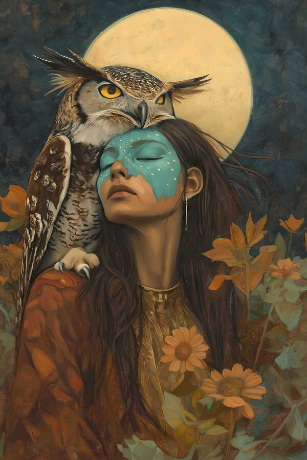 Peinture d'une femme avec un hibou sur la tête Peinture d'une femme avec un hibou sur la tête