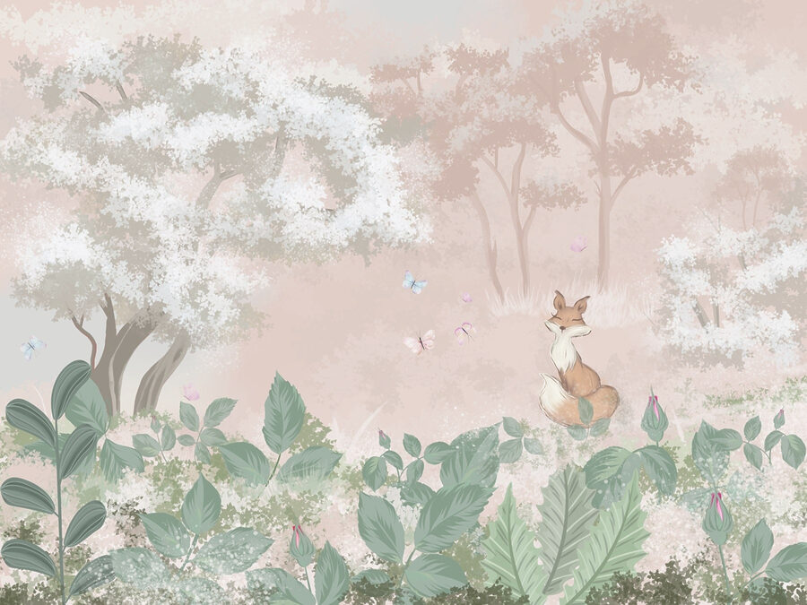 Renard et papillons dans une forêt