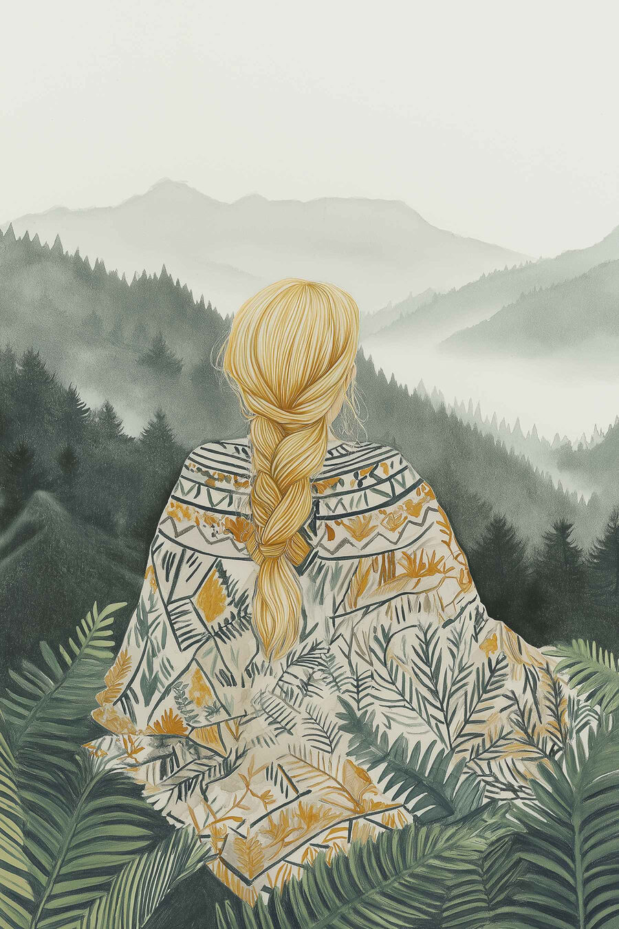 Femme assise dans une forêt regardant les montagnes Femme assise dans une forêt regardant les montagnes