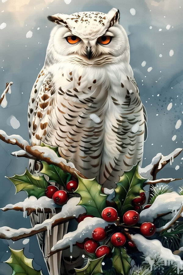 Hibou blanc assis sur une branche avec de la neige et des baies Hibou blanc assis sur une branche avec de la neige et des baies