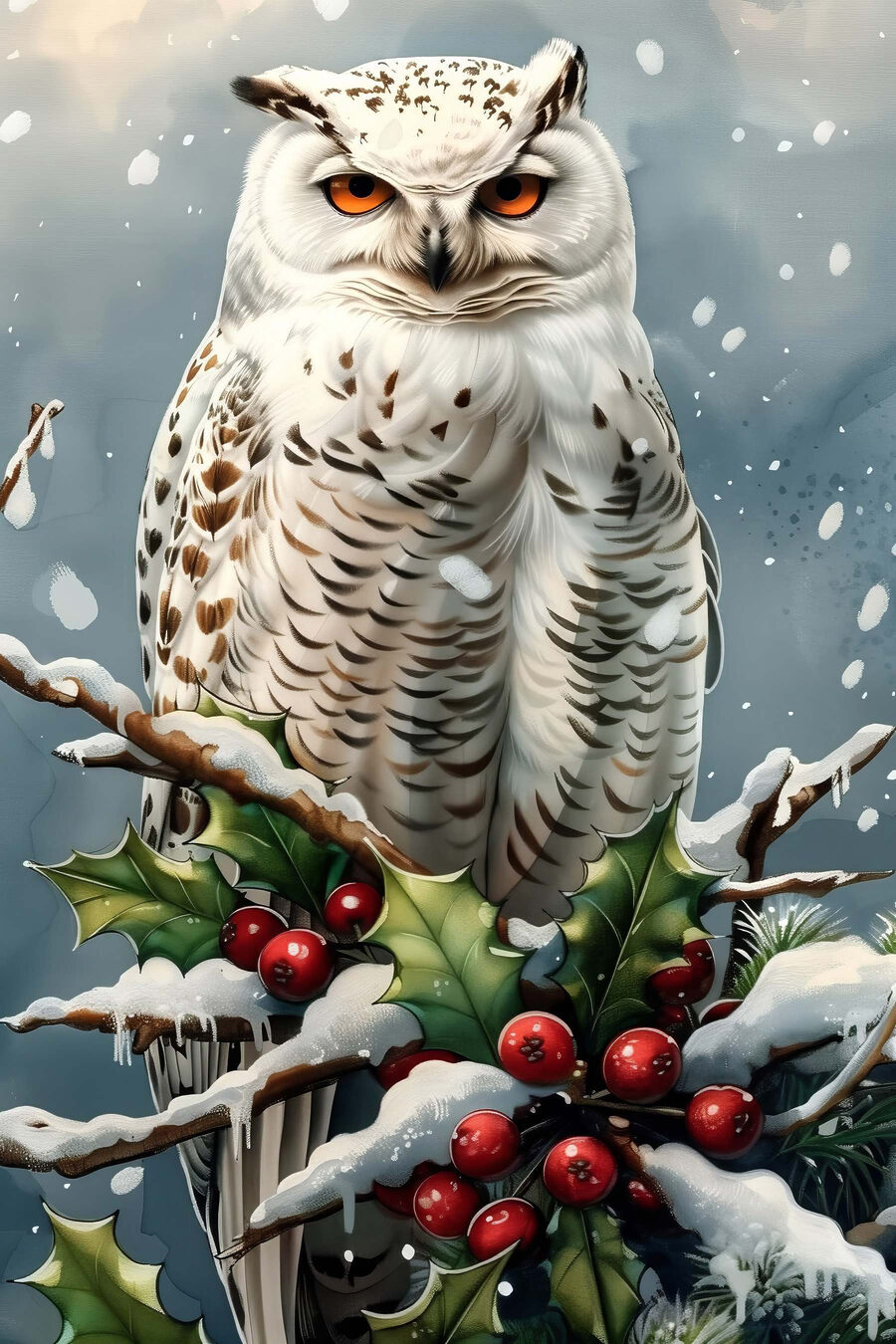 Hibou blanc assis sur une branche avec de la neige et des baies