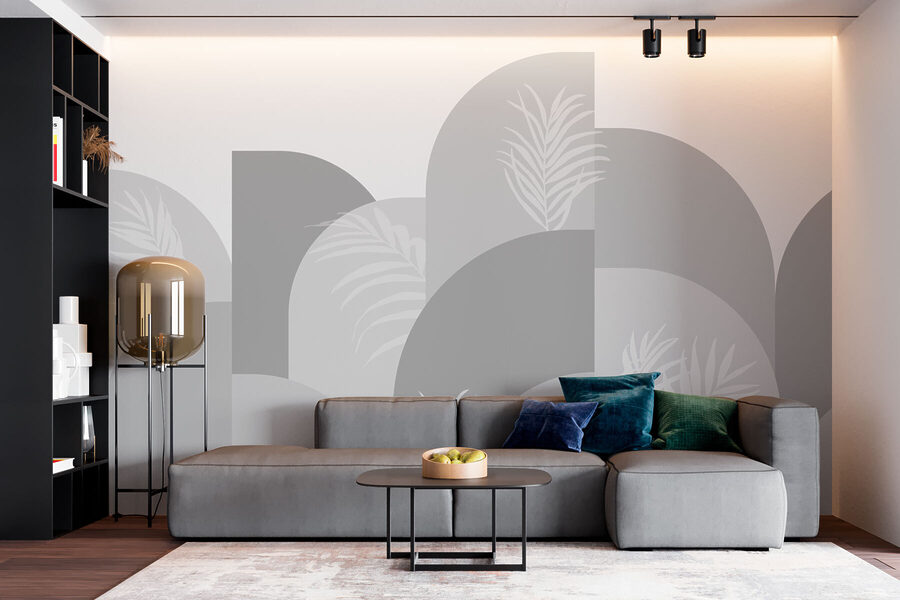 Fond gris et blanc avec des feuilles blanches