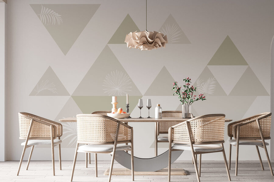 Triangles blancs et gris avec feuilles