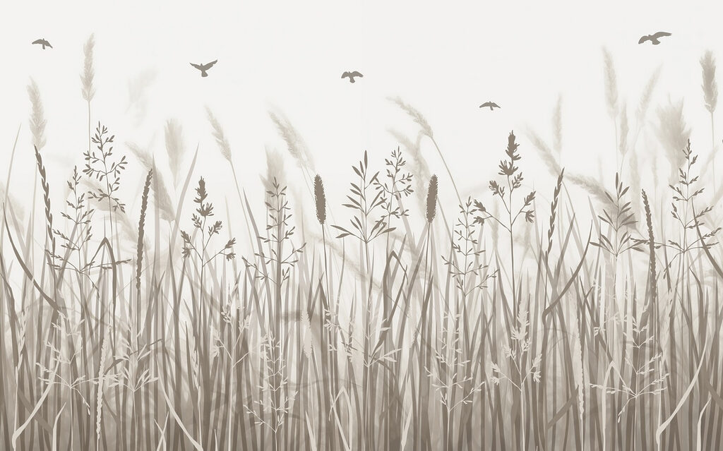 Champ d'herbe avec des oiseaux en vol Champ d'herbe avec des oiseaux en vol