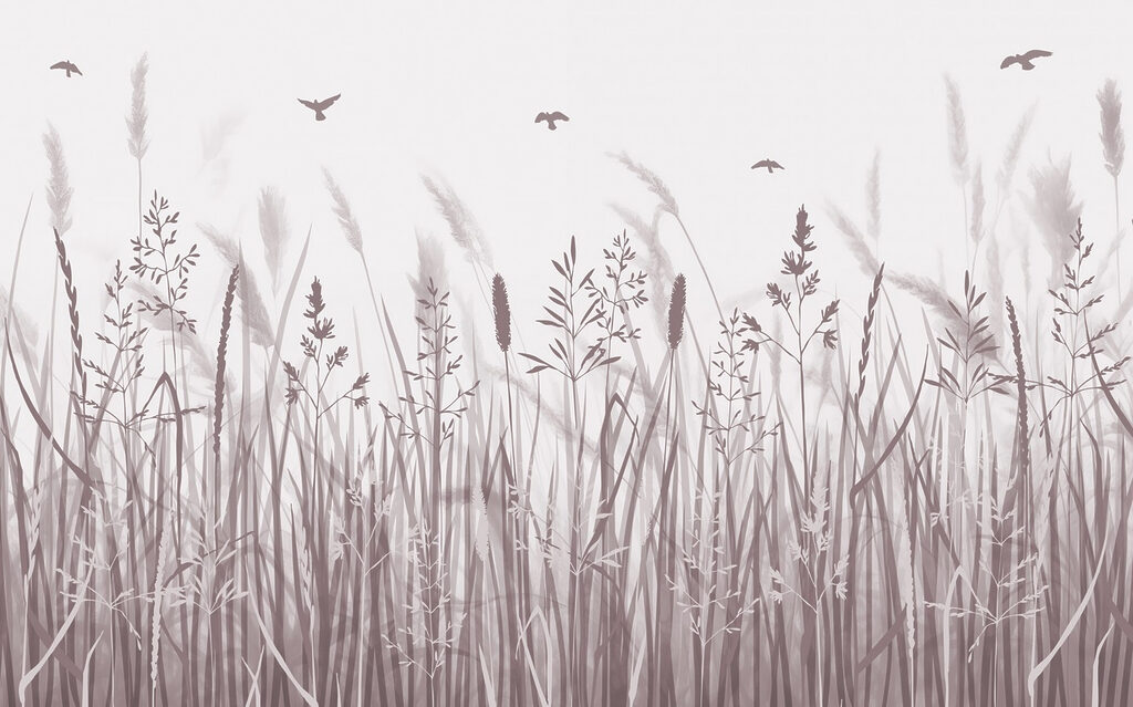 Champ d'herbe avec des oiseaux en vol Champ d'herbe avec des oiseaux en vol