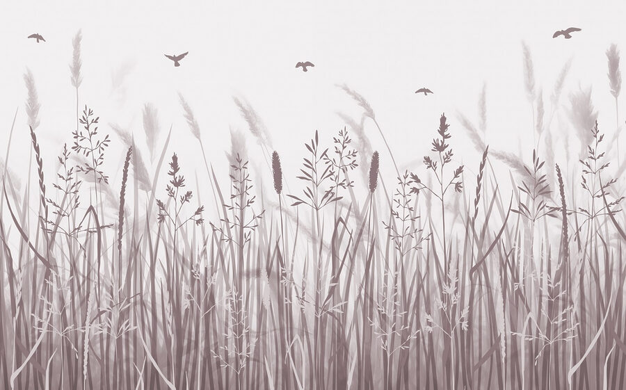 Champ d'herbe avec des oiseaux en vol Champ d'herbe avec des oiseaux en vol