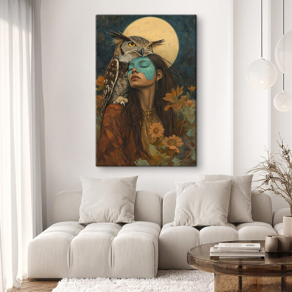 Peinture d'une femme avec un hibou sur la tête Peinture d'une femme avec un hibou sur la tête