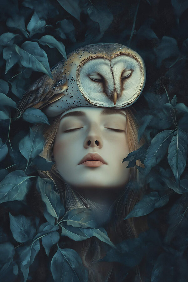 Femme avec un hibou sur la tête Femme avec un hibou sur la tête