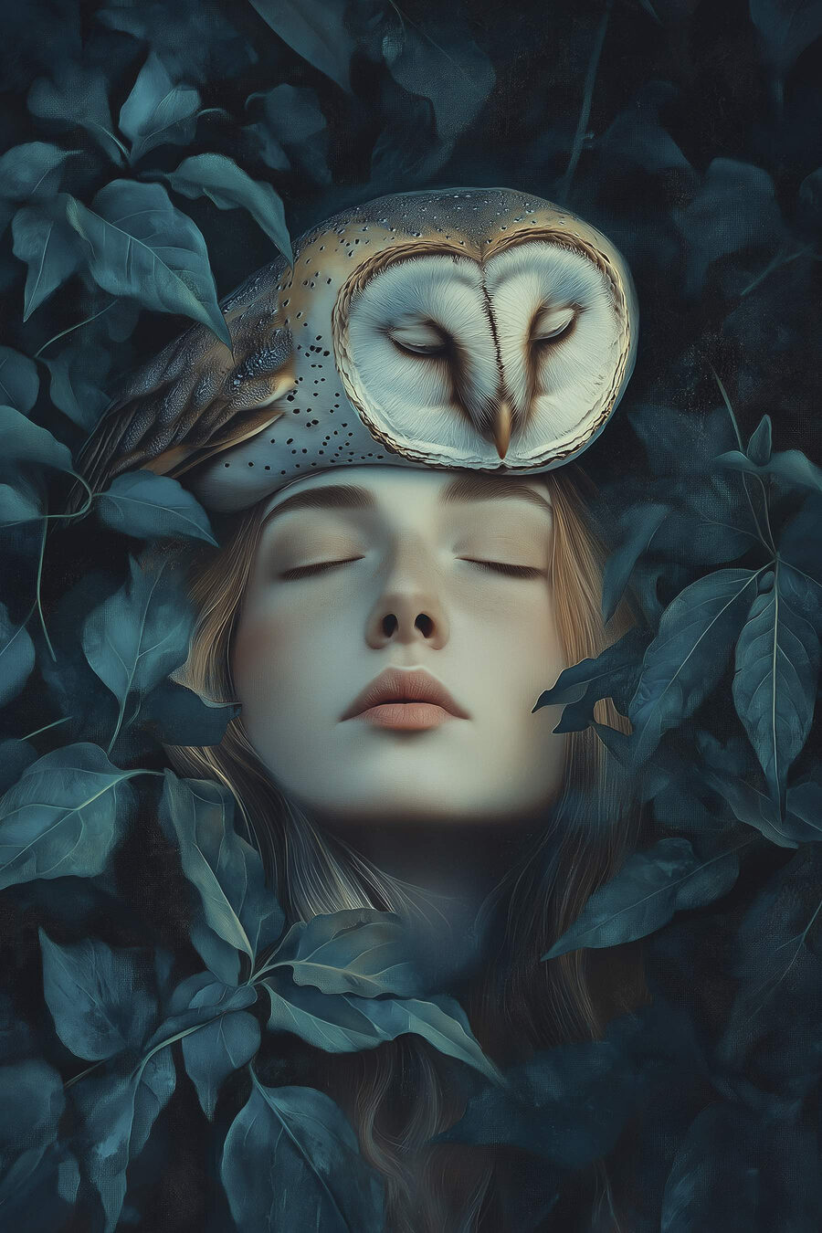 Femme avec un hibou sur la tête