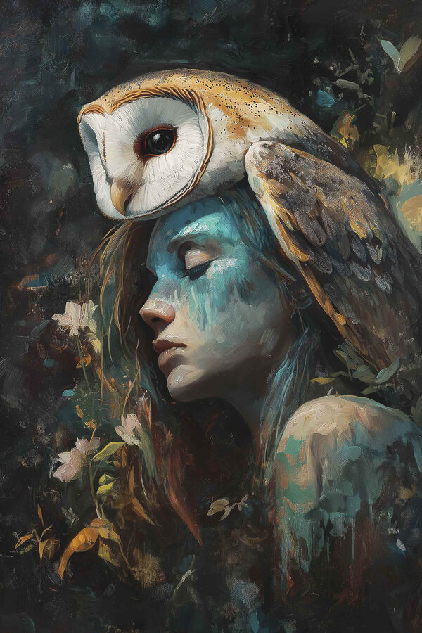 Peinture d'une femme avec un hibou sur la tête Peinture d'une femme avec un hibou sur la tête