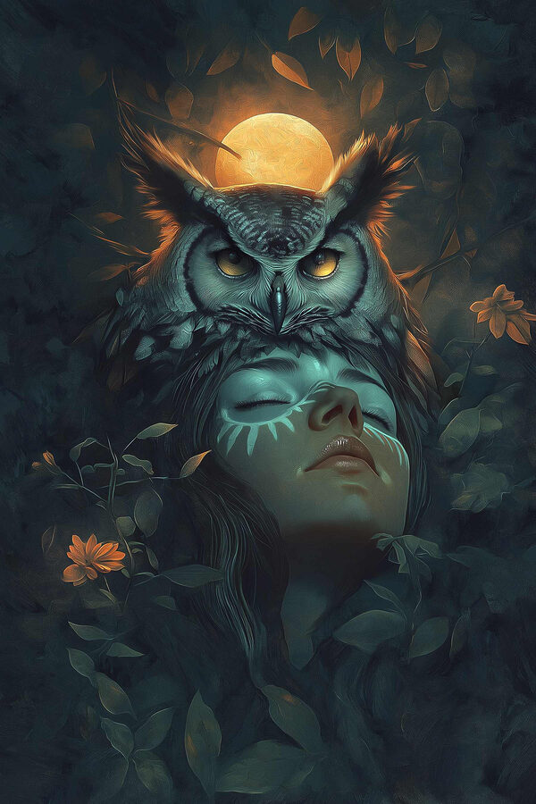 Femme avec un hibou sur la tête Femme avec un hibou sur la tête