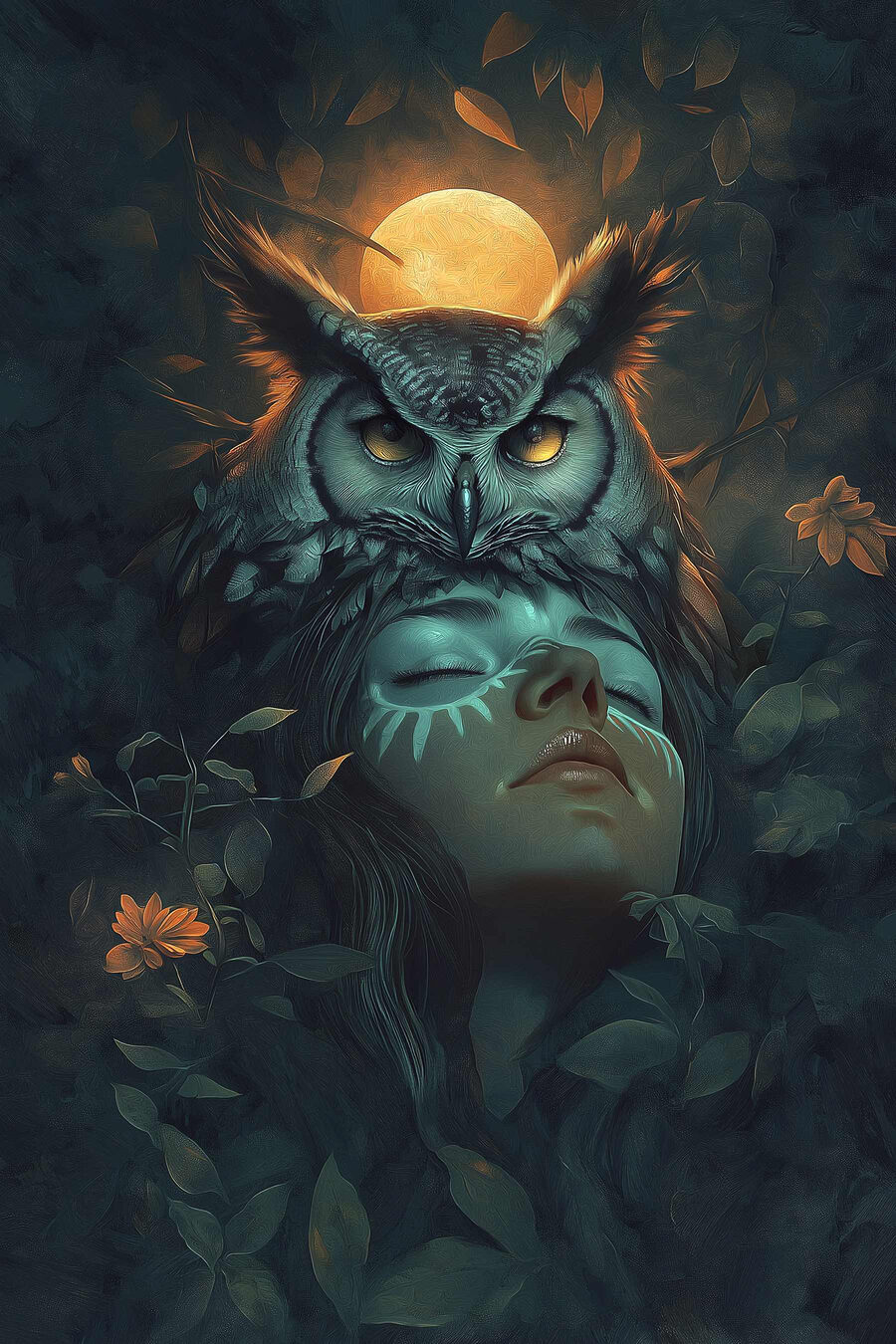 Femme avec un hibou sur la tête