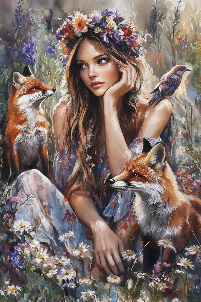 Woman sitting in a field with foxes Woman sitting in a field with foxes