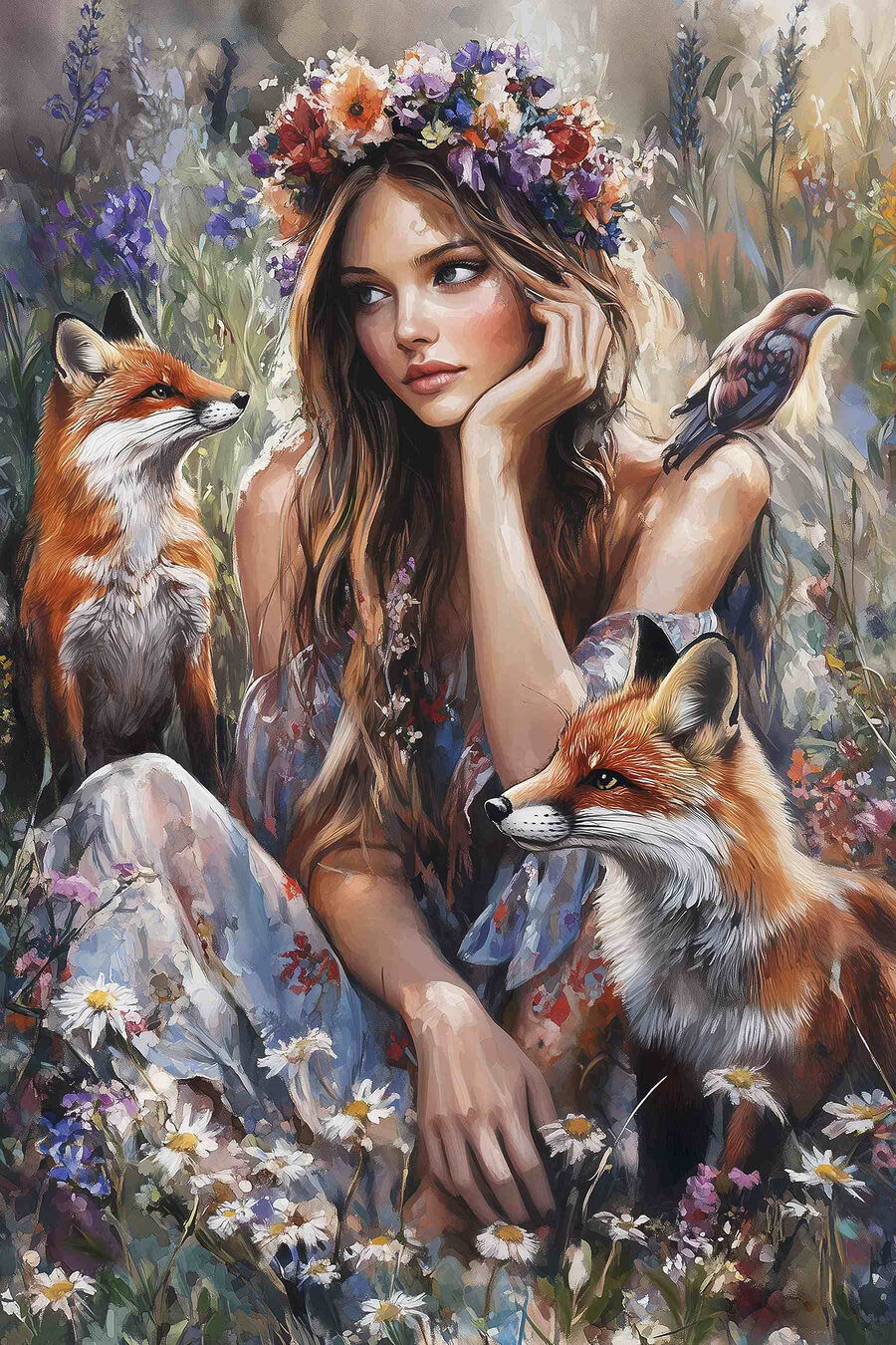 Femme assise dans un champ avec des renards