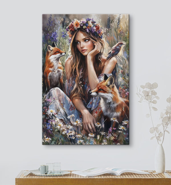 Femme assise dans un champ avec des renards Femme assise dans un champ avec des renards