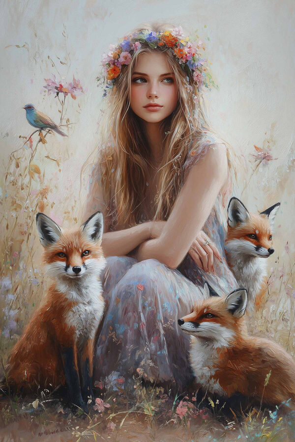 Peinture d'une femme avec des renards Peinture d'une femme avec des renards
