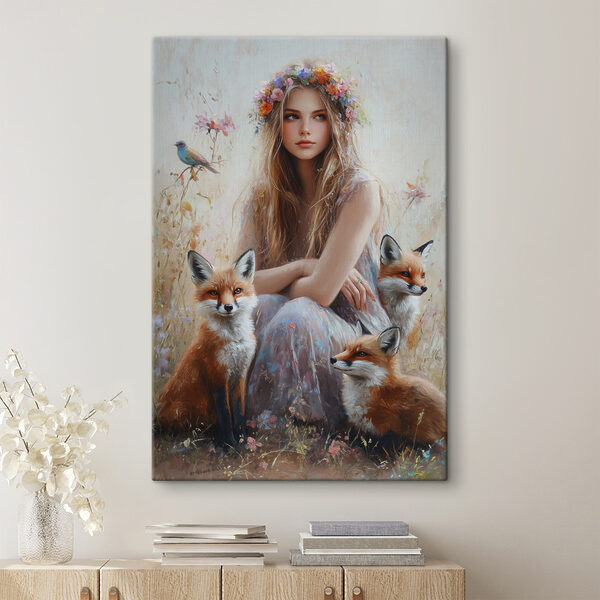 Peinture d'une femme avec des renards Peinture d'une femme avec des renards
