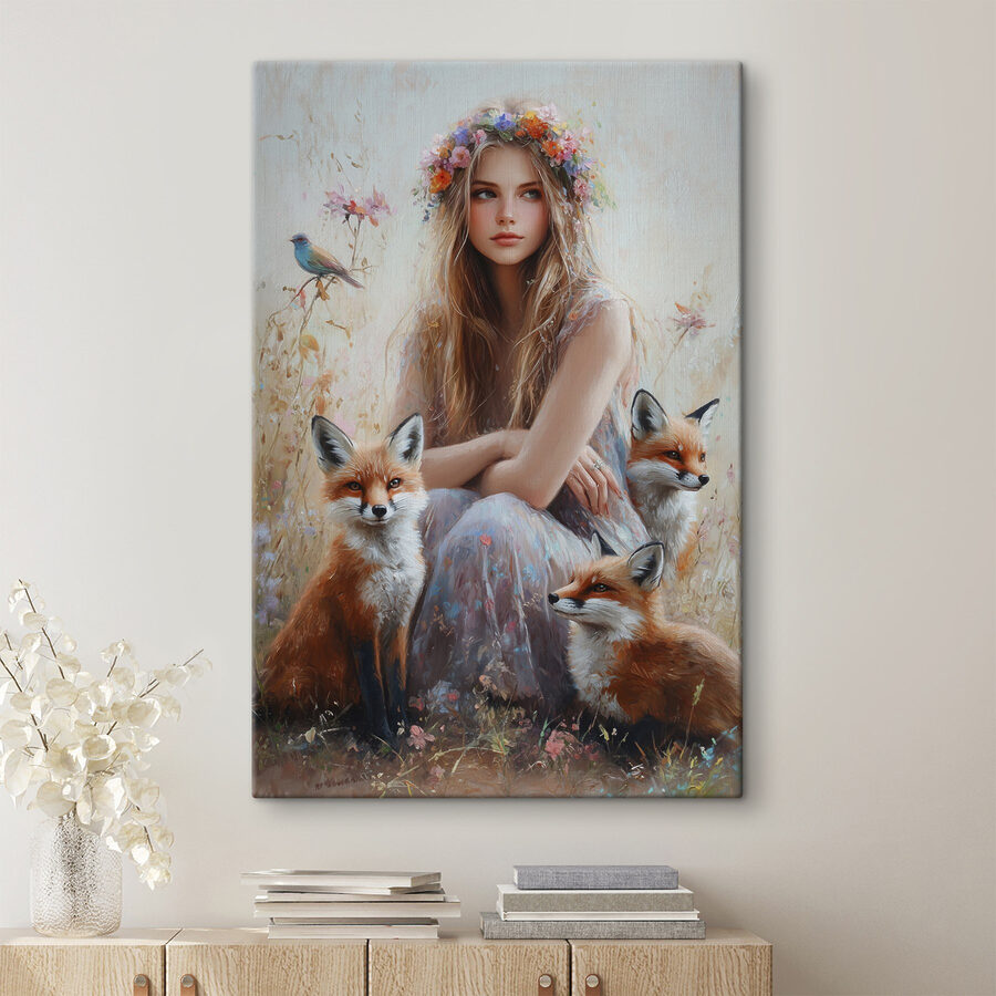 Peinture d'une femme avec des renards