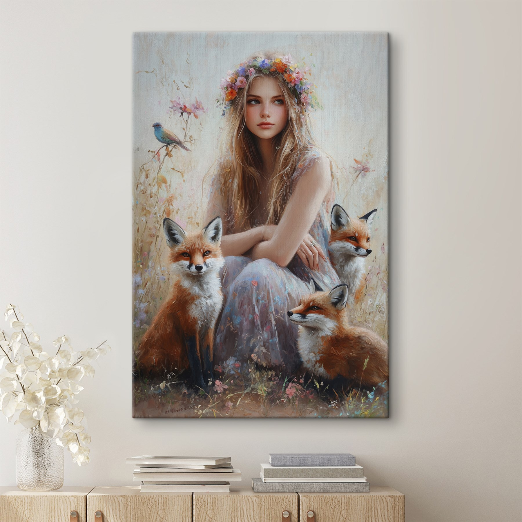 Painting of a woman with foxes Painting of a woman with foxes