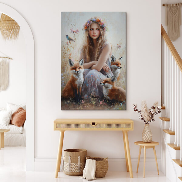Peinture d'une femme avec des renards Peinture d'une femme avec des renards