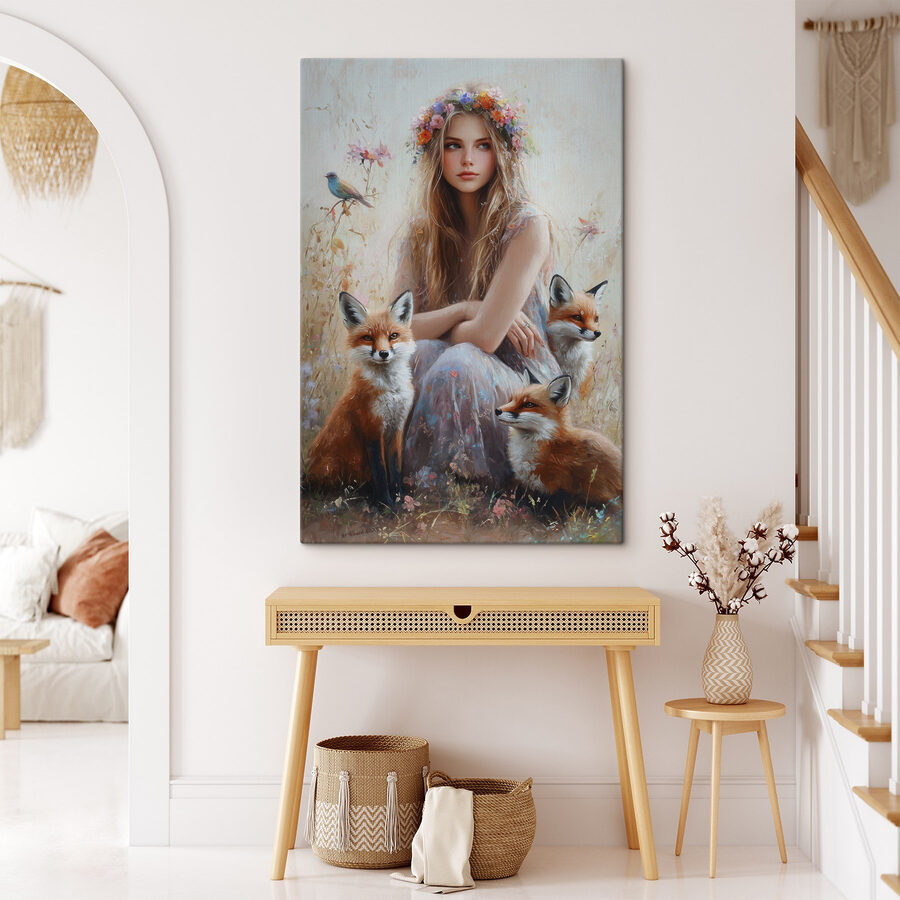 Peinture d'une femme avec des renards
