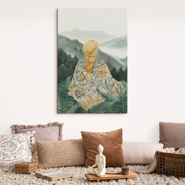 Femme assise dans une forêt regardant les montagnes Femme assise dans une forêt regardant les montagnes