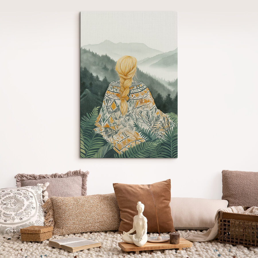 Femme assise dans une forêt regardant les montagnes Femme assise dans une forêt regardant les montagnes