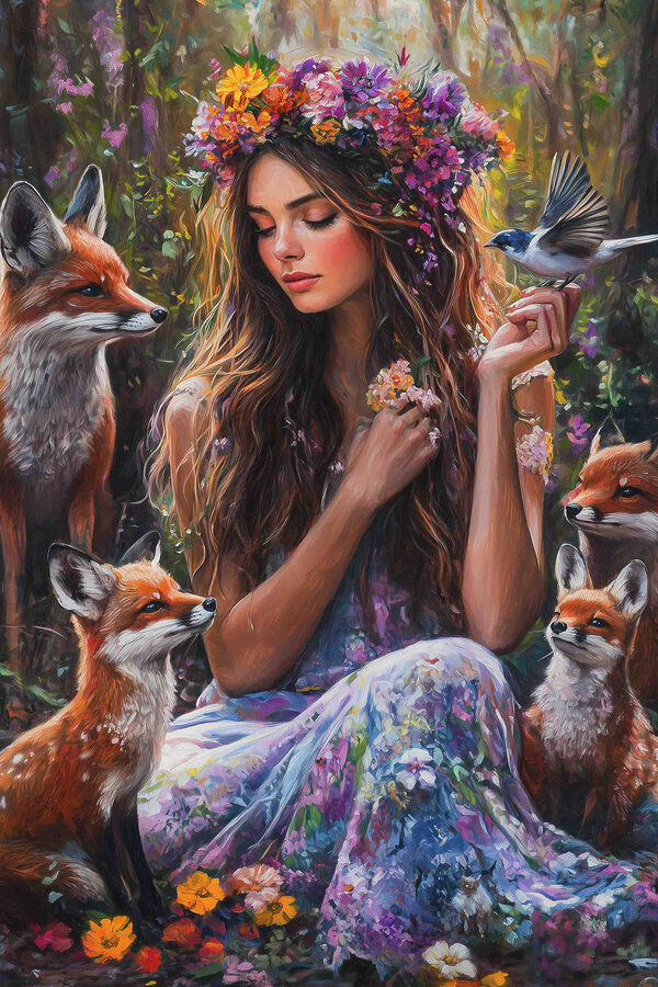 Peinture d'une femme tenant des fleurs et des oiseaux Peinture d'une femme tenant des fleurs et des oiseaux