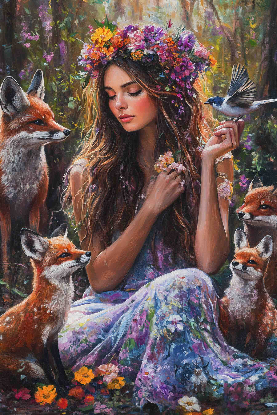 Peinture d'une femme tenant des fleurs et des oiseaux Peinture d'une femme tenant des fleurs et des oiseaux