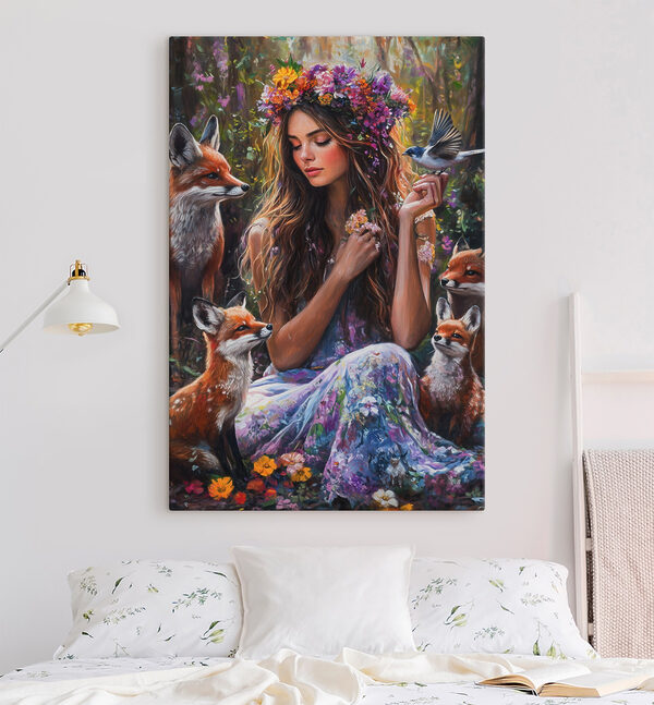 Peinture d'une femme tenant des fleurs et des oiseaux Peinture d'une femme tenant des fleurs et des oiseaux