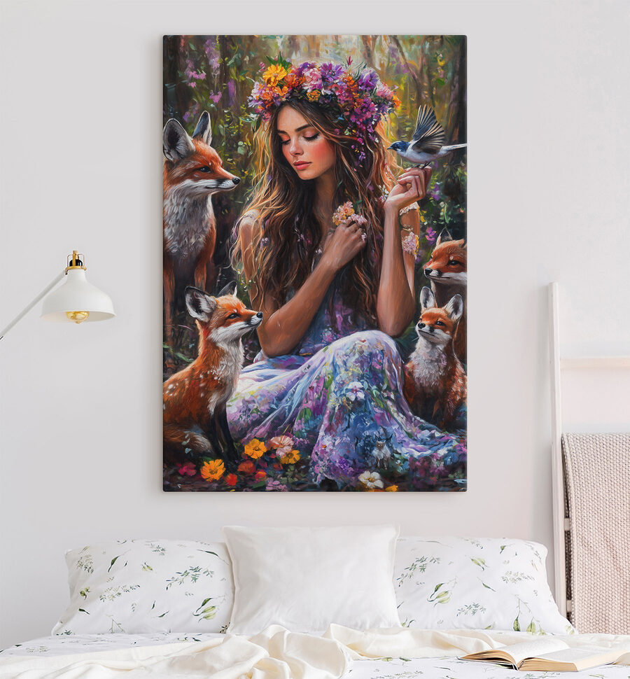 Peinture d'une femme tenant des fleurs et des oiseaux Peinture d'une femme tenant des fleurs et des oiseaux